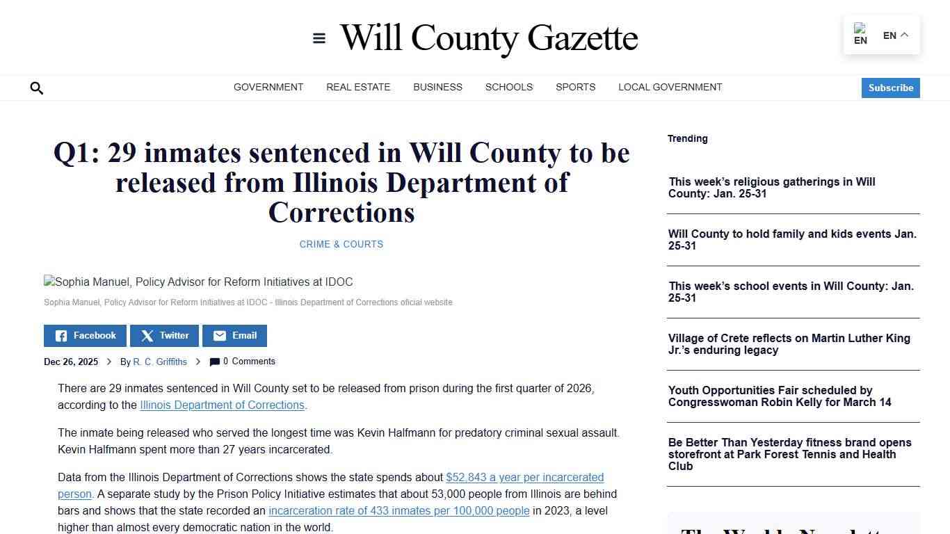 Q1: 29 inmates sentenced in Will County to be released from Illinois Department of Corrections - Will County Gazette